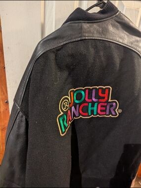 Vintage Jolly Rancher Black Wool & Leather Varsity Jacket with Colorful Logo